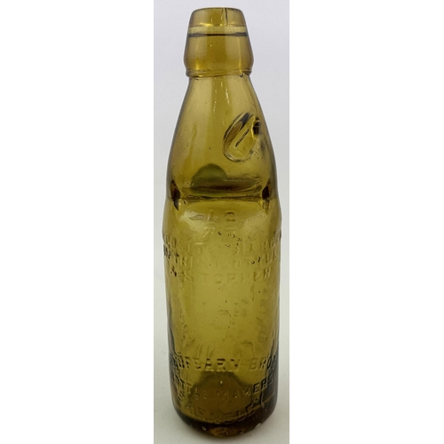 125 - G H STEEL NORTH SHIELDS AMBER CODD BOTTLE. 9.2ins tall. Golden amber 10oz codd. Heavily embossed fro... 