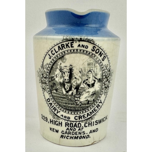 132 - CHISWICK J CLARKE AND SONS CREAM POT. 3.9ins tall. Mid blue top - with pouring lip, handle missing. ... 