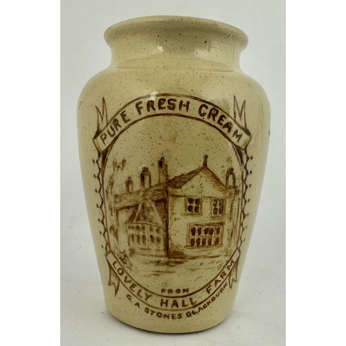 136 - BLACKBURN LOVELY HALL FARM CREAM POT. 4.2ins tall. Cream body, flared lip. Fabulous all time Lancash... 