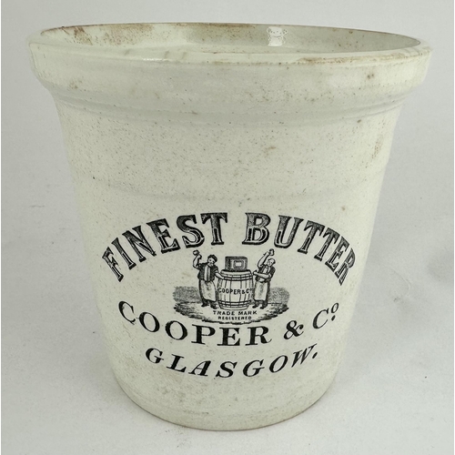 147 - COOPER & CO BUTTER CROCK. 6.1ins tall. Very rare 2lb (?) capacity all white crock featuring familiar... 