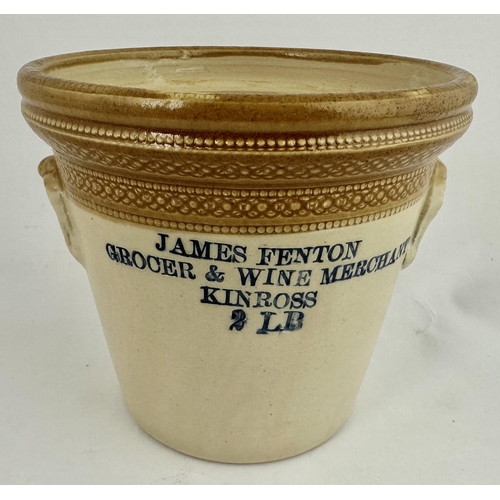 148 - KINROSS, JAMES FENTON/ GROCER & WINE MERCHANT, 2LB BUTTER CROCK. 5.7ins. T.t., twin handled crock wi... 