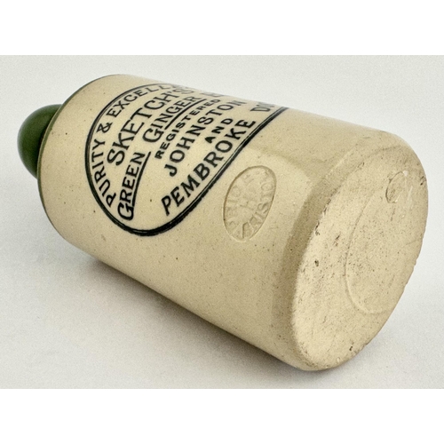 151 - SKETCHS PEMBROKE DOCK GINGER BEER BOTTLE. 6.9ins tall. Std, t.t. (green top, cork closure) Minute in... 