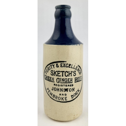 152 - SKETCHS PEMBROKE DOCK GINGER BEER BOTTLE. 7.2ins tall. Std, t.t. (blue top), c.c. Crisp & clean tran... 