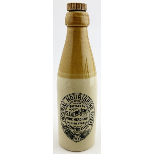 157 - S CARMICHAEL PORTOBELLO GINGER BEER. 9.1ins tall. Ch., t.t., screw top (intact pottery stopper). A p... 