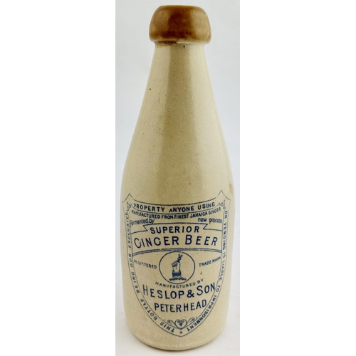 165 - HESLOP & SON PETERHEAD GINGER BEER BOTTLE. 8.1ins tall. Ch., tan blob, cork, lip, lower off white. A... 