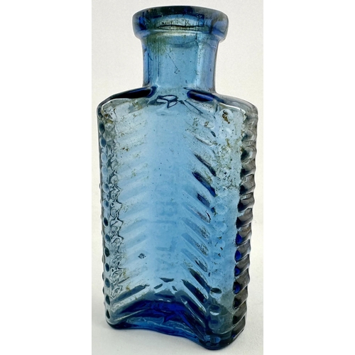 196 - FOULSTONS CRESCENT POISON BOTTLE. DP57 2.75ins tall. Crescent shape cross section. Mid cornflower bl... 