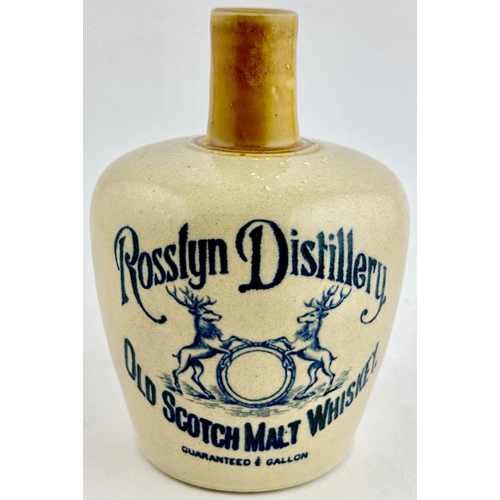 219 - ROSSLYN DISTILLERY OLD SCOTCH MALT WHISKY JUG. WG p163. 7.2ins tall. Off white body, tan top & rear ... 