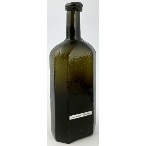 237 - ENGLISH FREEBLOWN UTILITY BOTTLE. 7.1ins tall. Dense black glass, rectangular base, facetted corners... 