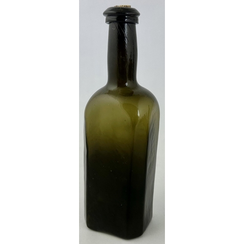 238 - ENGLISH FREEBLOWN UTILITY BOTTLE. 7.5ins tall. Black to very dark dark green held up to light. Recta... 