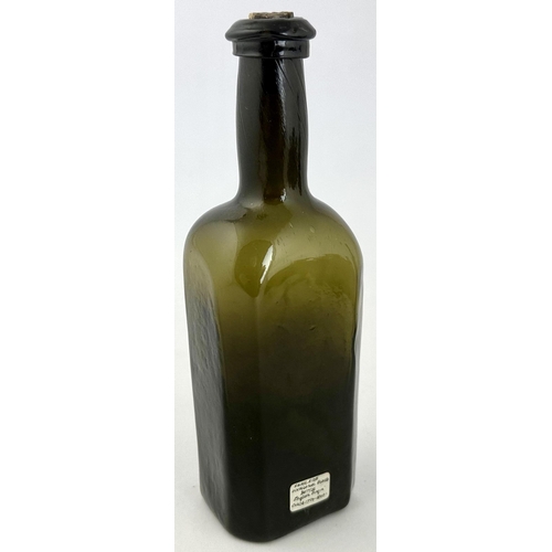 238 - ENGLISH FREEBLOWN UTILITY BOTTLE. 7.5ins tall. Black to very dark dark green held up to light. Recta... 