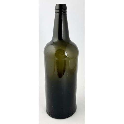 246 - LARGE ENGLISH BLACK GLASS CYLINDER WINE BOTTLE. 13.3ins tall. Dense black/ dark green glass, magnifi... 