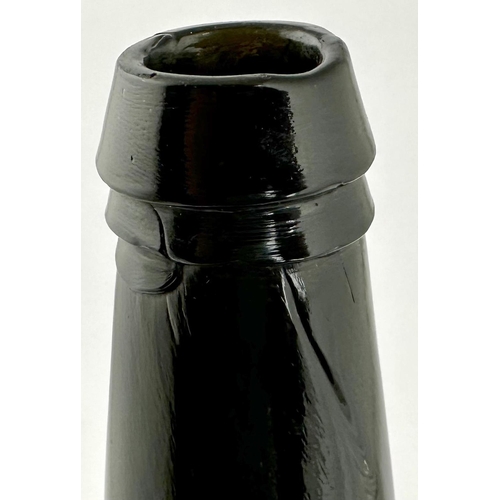 246 - LARGE ENGLISH BLACK GLASS CYLINDER WINE BOTTLE. 13.3ins tall. Dense black/ dark green glass, magnifi... 