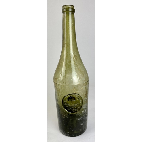 250 - ISLE OF WIGHT SEALED WINE BOTTLE. 12ins tall. mid to light green glass, thre part mould, elegant cha... 