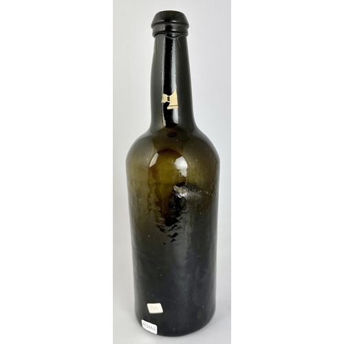 253 - LINCOLN COLLEGE SEALED WINE BOTTLE. 11.5ins tall. Afine three part black glass wine/ very dark green... 