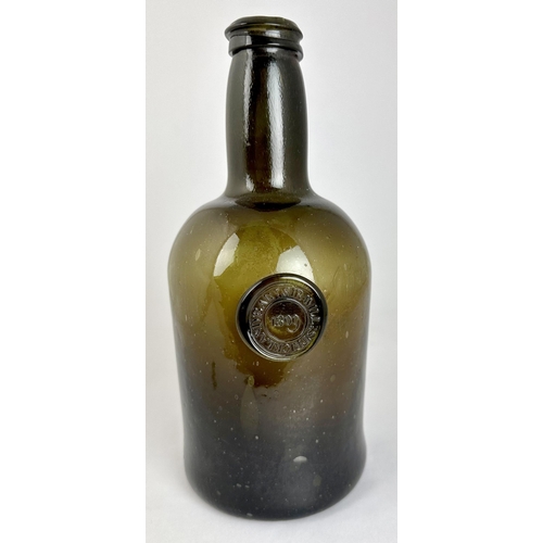 254 - DATED 1809 SIR WILLIAM STRICKLAND BART SEALED WINE BOTTLE. 9.6ins tall. Black/ dark green glass. Squ... 