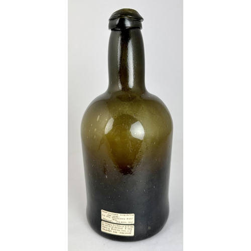 254 - DATED 1809 SIR WILLIAM STRICKLAND BART SEALED WINE BOTTLE. 9.6ins tall. Black/ dark green glass. Squ... 