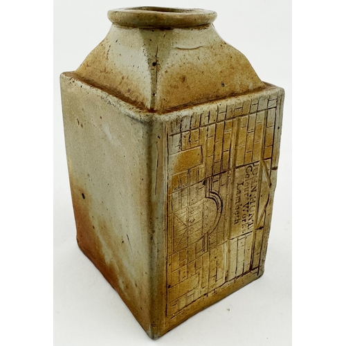 256 - JOHN HUNT COLOUR WORKS LAMBETH POT. 6.25ins tall. Square base, hand made, wide mouth salt glaze pot,... 