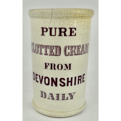 143 - DEVONSHIRE CLOTTED DEVONSHIRE CREAM POT CYLINDER. 4.7ins tall. Double sided mauve transfer - 5 lines... 