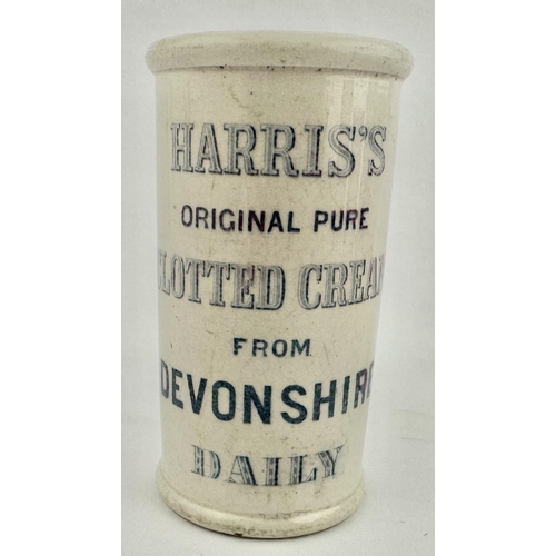 144 - HARRISS CLOTTED DEVONSHIRE CREAM POT CYLINDER. 4.8ins tall. Light blueish transfer, 6 lines one side... 