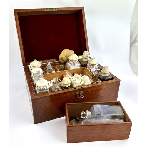 37 - BEATSON CLARKE GLASSWORKS SAMPLE MEDICINE CHEST. Closed wooden box is 7.7 x 10.t ins top, 6ins high.... 