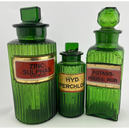 303 - PHARMACY SHOP ROUNDS TRIO. Tallest 7.5ins. Green ribbed, label under glass plus hand painted one. Mi... 