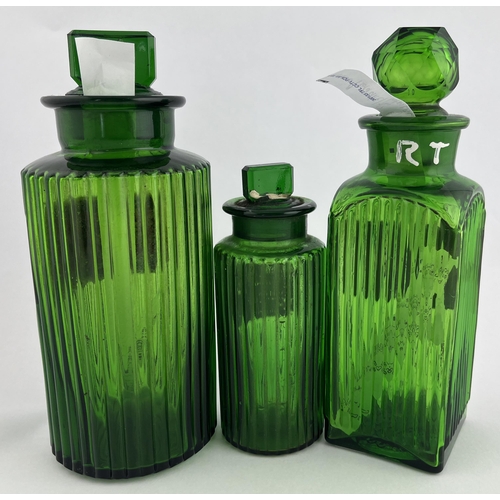 303 - PHARMACY SHOP ROUNDS TRIO. Tallest 7.5ins. Green ribbed, label under glass plus hand painted one. Mi... 