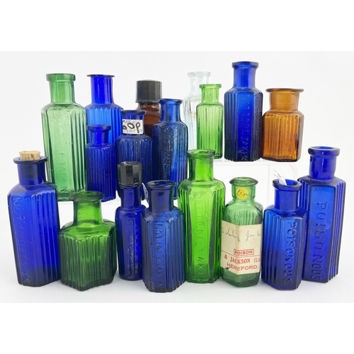 305 - POISONS GROUP. Tallest 3.5ins. Various coloured glass, embossed & ribbed, one with paper label. Mino... 