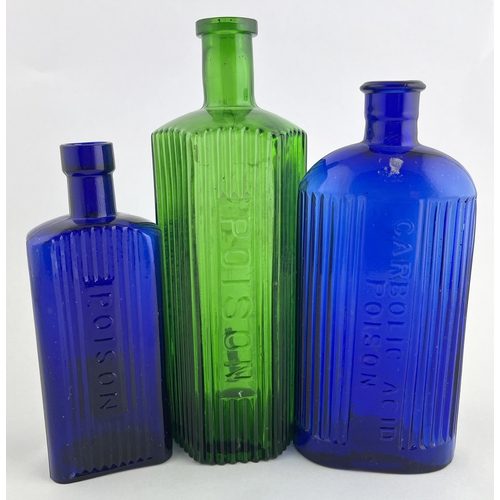 313 - POISON TRIO. Tallest 8.75ins. Cobalt blue & green glass, ribbed & embossed. Surface scratches but a ... 