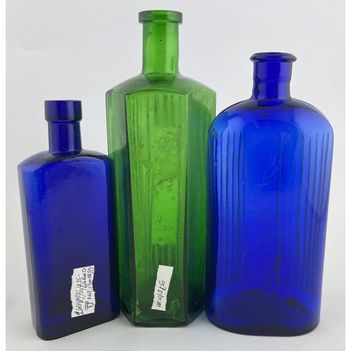 313 - POISON TRIO. Tallest 8.75ins. Cobalt blue & green glass, ribbed & embossed. Surface scratches but a ... 