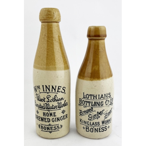 314 - BONESS GINGER BEER DUO. Tallest 8.75ins. Inc. WM INNES & LOTHIANS BOTTLING CO. Slight lip chip. Ange... 