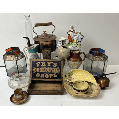 323 - ECLECTIC MIX. Inc. Frys wooden box/ tray, Yardley figure, glass light shades, stoneware jugs, teapot... 