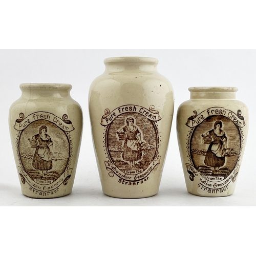 332 - STRANRAER CREAM POT TRIO. Tallest 5ins. Sepia print of milk maid. One damaged. (3)