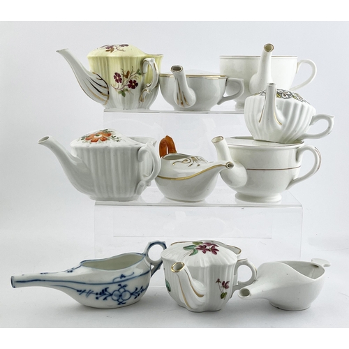 338 - BABY FEEDER GROUP. Largest 2.5ins. Porcelain, some floral patterened, one blue & white, one with mea... 