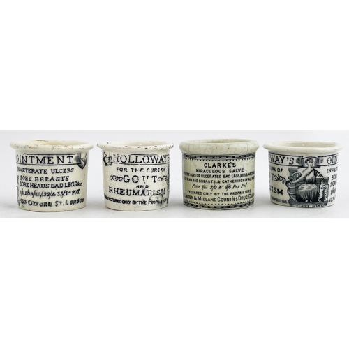 359 - OINTMENT POTS GROUP. Tallest 1.5ins. 3 x HOLLOWAYS & 1 CLARKES. Hairline & chips. (4)