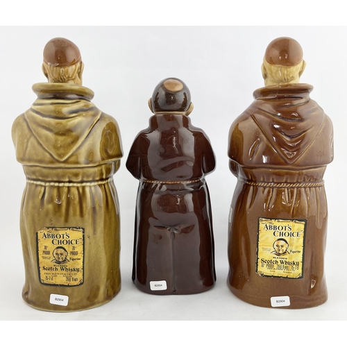 362 - ABBOTS CHOICE SCOTCH WHISKY DECANTERS TRIO. Tallest 10.5ins. Kingsware style monk decanters. 2 with ... 