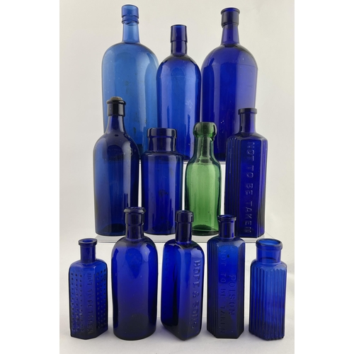 372 - POISONS GROUP. Tallest 9.75ins. Cobalt blue. Some plain, some embossed. Inc. DAGGER BRAND, some ribb... 