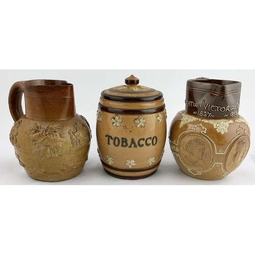 390 - SALT GLAZE TRIO. Tallest 5ins. Inc. Victoria face jug, sprigged hunting jug & lidded Tobacco jar. Mi... 