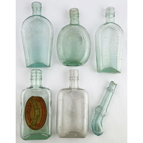 401 - HIP FLASKS GROUP. Largest 6.5ins. All clear glass, embossed, one paper label: BOLTON, HORNCASTLE, HA... 