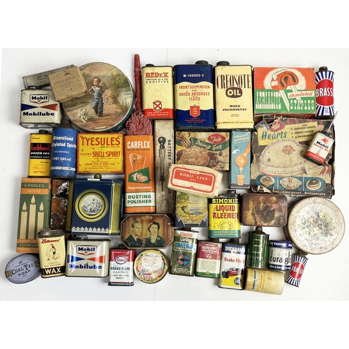 404 - TINS & BOXES GROUP. A various mix. Inc. ESSO BRAKE FLUID, BRASSO, CASTROL, BISCUITS, SWEETS etc. Wor... 