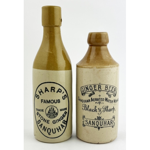 419 - SANQUHAR GINGER BEER DUO. Tallest 8.25ins. Both SHARPS, different print to front, rear p.m. Slight c... 