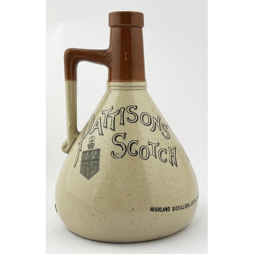 477 - PATTISONS SCOTCH WHISKY JUG. 7.75ins tall. Double sided black transfer, side handle, base p. m. Lip ... 