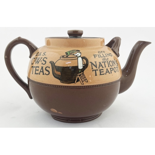 515 - CWS TEAS ADVERTISING TEAPOT. 6ins tall. Brown glaze, double sided, side handle & spout with lid. Cra... 