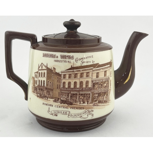 516 - RUNCORN & WIDNES CO- OPERATIVE ADVERTISING TEAPOT. 5.5ins tall. Brown glaze, double sided, side hand... 