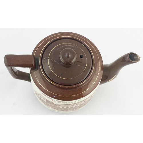 516 - RUNCORN & WIDNES CO- OPERATIVE ADVERTISING TEAPOT. 5.5ins tall. Brown glaze, double sided, side hand... 