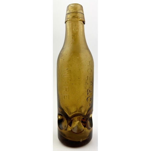 230 - HOLT & CO WARE PREMIER PATENT CODD BOTTLE BOTTLE. 9.1ins tall. Golden amber Premier Patent codd, six... 