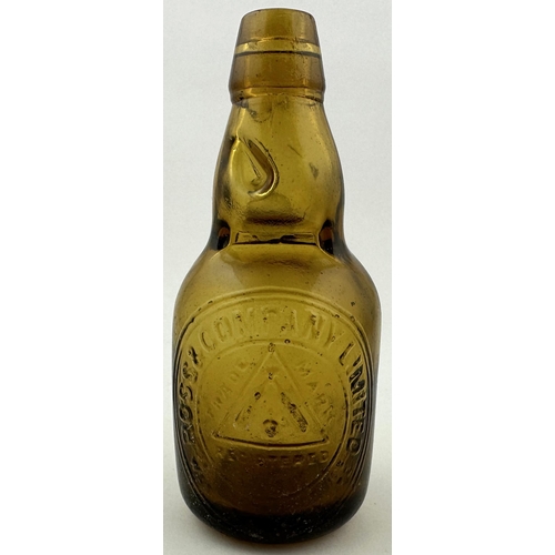 231 - ROSS & COMPANY WESTON SUPER MARE AMBER DUMPY CODD BOTTLE. 7.4ins tall. Good strong mid brown narrow ... 