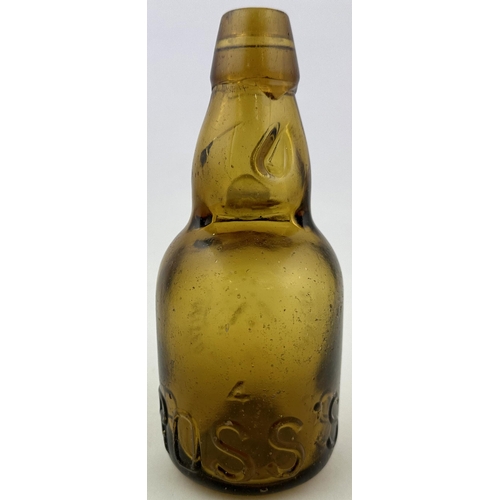 231 - ROSS & COMPANY WESTON SUPER MARE AMBER DUMPY CODD BOTTLE. 7.4ins tall. Good strong mid brown narrow ... 