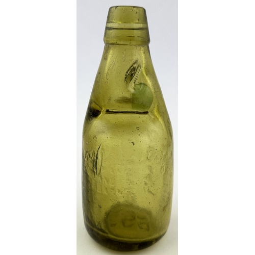 233 - BURY ST EDMUNDS AMBER DUMPY CODD BOTTLE. 7.2ins tall. Light amber glass, 5 vertical lines embossed a... 