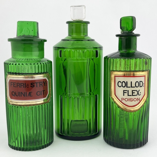 669 - POISON TRIO. Tallest 7.75ins. Green ribbed, label under glass on 2, with stoppers. One with embossin... 