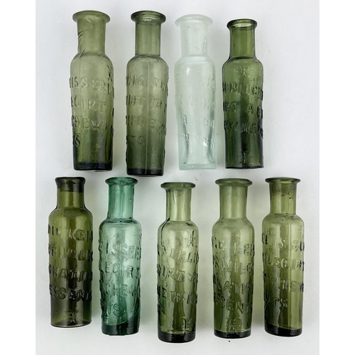 674 - GERMAN CURE BOTTLES GROUP. Tallest 4ins. Embossed in spiral direction, various coloured green glass.... 